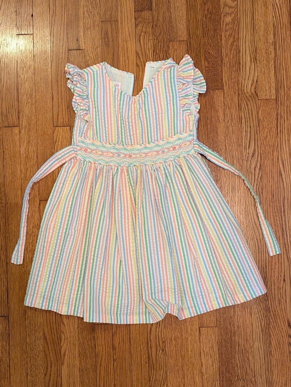 Bonnie Jean Seersucker Pastel Rainbow Stripe Ruffle Sundress